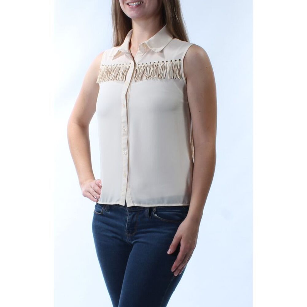 COLOR STORY Womens Beige Sleeveless Collared Button Up Top Size: M